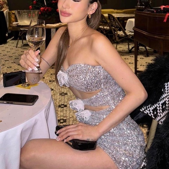 White Fox Silver Sequin Rosette Mini Dress - Picture 13 of 13